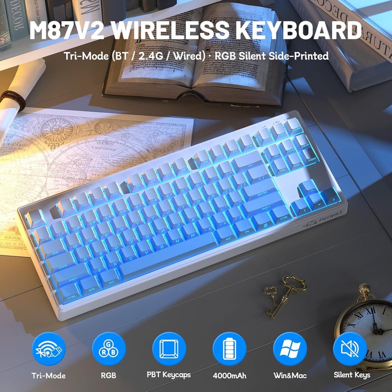 فري وولف لوحة مفاتيح لعب إلكترونية من FREEWOLF M87V2، وايفاي، بثلاثة أوضاع: BT/2.4G/سلكي، هادئة وناعمة في الاستخدام، ببطارية سعة 4000 مللي أمبير ساعة، أزرار مطبوعة على الجانب، تصميم QWERTY الأمريكي، مزودة بتقنية مكافحة ظاهرة “الأزرار الغير ملموسة” (Anti-Ghosting)، وتدعم 16 مليون لون RGB، مناسبة لأنظمة Mac وWin (لون أزرق). - Image 2