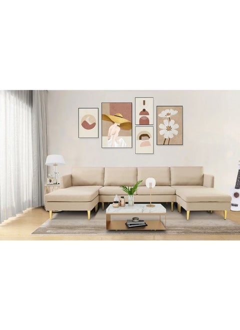 Swedish Wood and Linen L-Shape Sofa - Beige