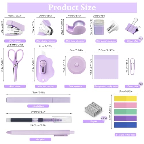 YUMOONI Mini Office Supply Kit Mini Stapler with Staples and Tape Dispenser Set Mini Stationary Kit Includes Sticky Notes Index Tabs Highlighters Gel Pens for Office School Supplies Purple - Image 3