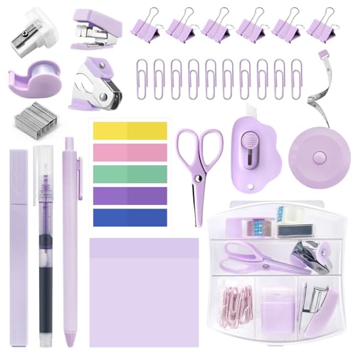 YUMOONI Mini Office Supply Kit Mini Stapler with Staples and Tape Dispenser Set Mini Stationary Kit Includes Sticky Notes Index Tabs Highlighters Gel Pens for Office School Supplies Purple - Image 1