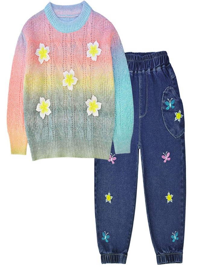 Peacolate 2-7Years Little Girls Spring Autumn 2pcs Clothing Set Long Sleeve Gradient Colour Sweater and Embroider Butterfly Flower Jeans(Pink,4T) - Image 1