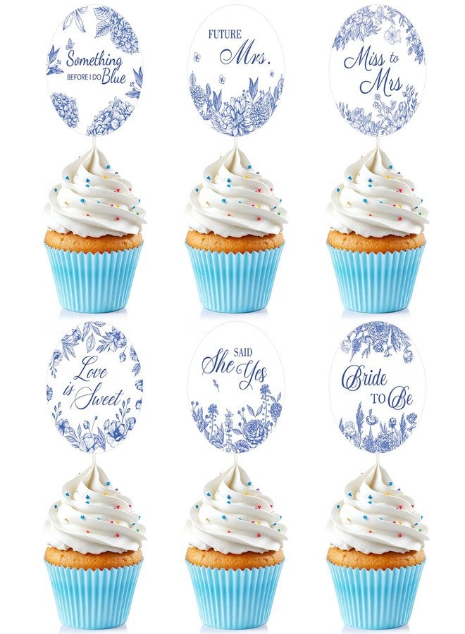 Glavatrix 24 Pieces Something Blue Before I Do Cupcake Toppers, Blue Bridal Shower Decorations Floral Cake Picks for Wedding Bachelorette Engagement Party Supplies - Image 1