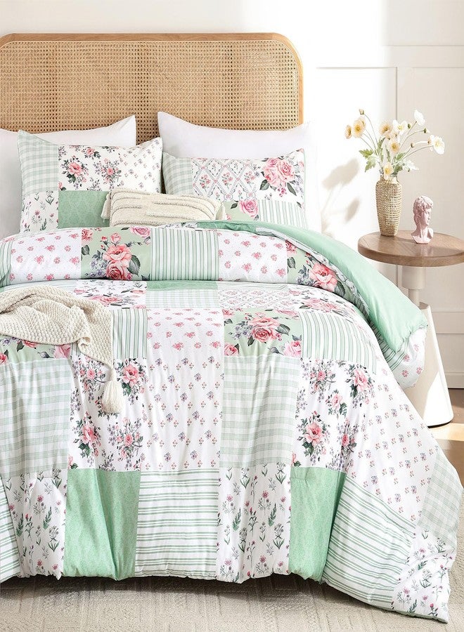 YIKUSH Queen Comforter Set - Green Spring Floral Comforter Queen Size Patchwork Flower Cozy Bedding Set 3 Pieces for All Season, Cute Pattern 1 Comforter (90"x90") and 2 Pillow Shams (20"x26") - Image 1