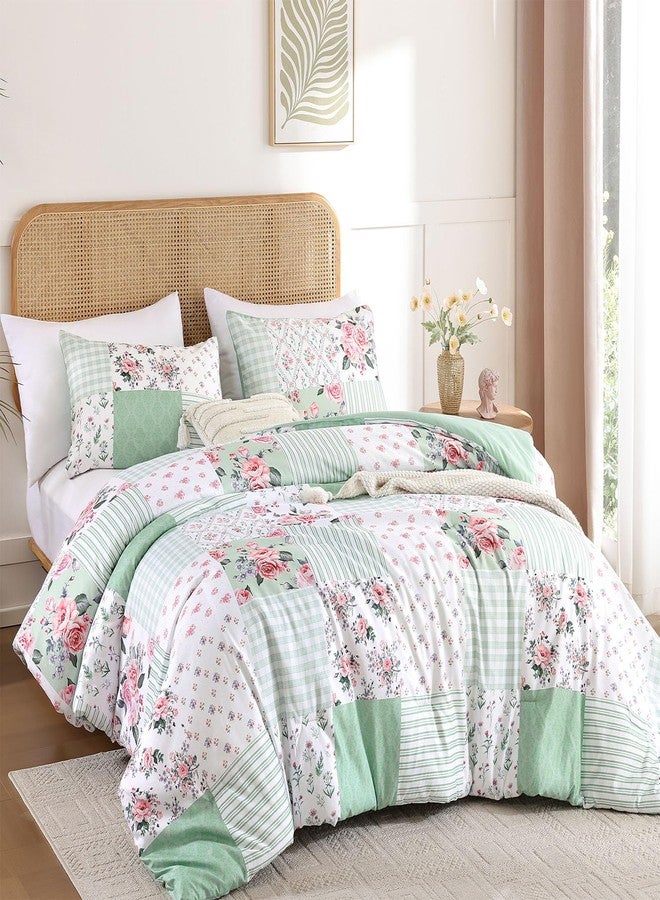 YIKUSH Queen Comforter Set - Green Spring Floral Comforter Queen Size Patchwork Flower Cozy Bedding Set 3 Pieces for All Season, Cute Pattern 1 Comforter (90"x90") and 2 Pillow Shams (20"x26") - Image 2