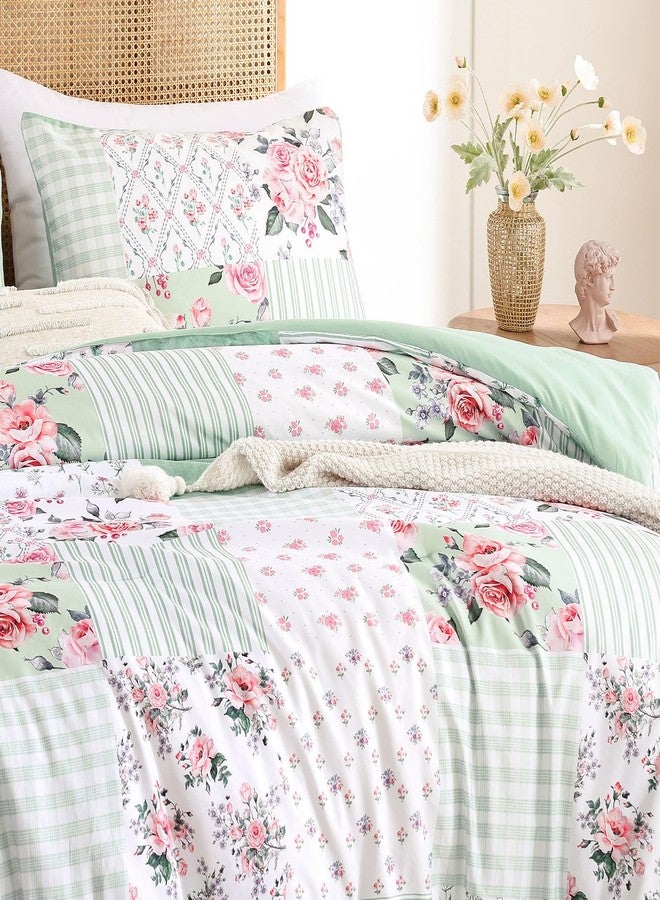 YIKUSH Queen Comforter Set - Green Spring Floral Comforter Queen Size Patchwork Flower Cozy Bedding Set 3 Pieces for All Season, Cute Pattern 1 Comforter (90"x90") and 2 Pillow Shams (20"x26") - Image 4