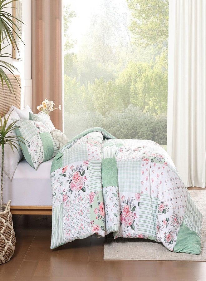 YIKUSH Queen Comforter Set - Green Spring Floral Comforter Queen Size Patchwork Flower Cozy Bedding Set 3 Pieces for All Season, Cute Pattern 1 Comforter (90"x90") and 2 Pillow Shams (20"x26") - Image 5