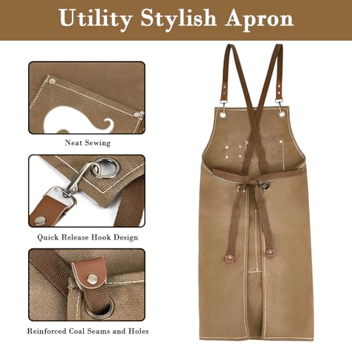 HASTHIP® Working Apron Baristas Apron Canvas Tie-Back Kitchen Apron with Front Pockets, Metal Hardware Eyelets, Multi-use Work Apron for Woodwork, Workshop, Coffee Shop - Image 3