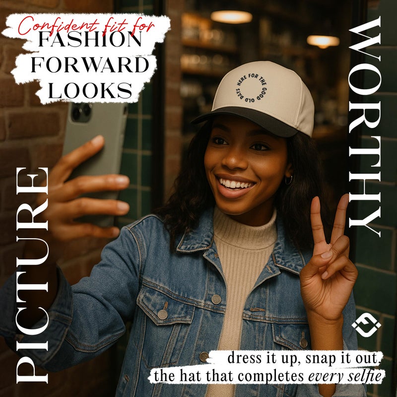 Funky Junque Two Tone Vintage Snapback Hat - Here for The Good Old Days - Black/Beige - Image 2