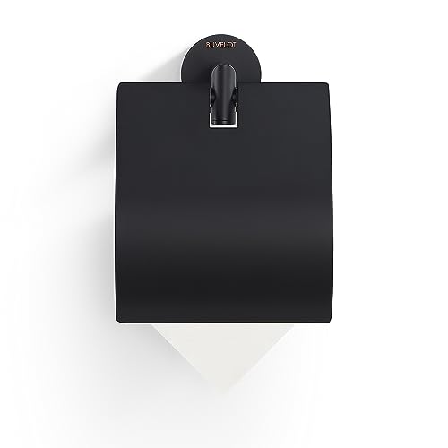 BUVELOT Toilet Paper Holder with Cover, Modern Toilet Roll Holder for Bathroom Wall Mounted, Matte Black, Brass, 077040-MB Leo Series - Image 5