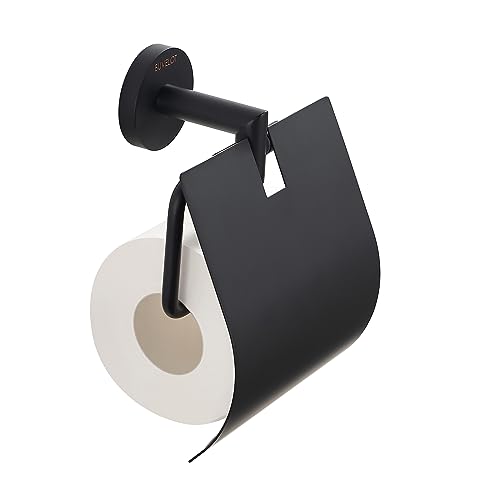 BUVELOT Toilet Paper Holder with Cover, Modern Toilet Roll Holder for Bathroom Wall Mounted, Matte Black, Brass, 077040-MB Leo Series - Image 1