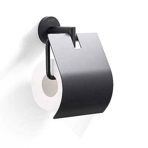 BUVELOT Toilet Paper Holder with Cover, Modern Toilet Roll Holder for Bathroom Wall Mounted, Matte Black, Brass, 077040-MB Leo Series - Image 4