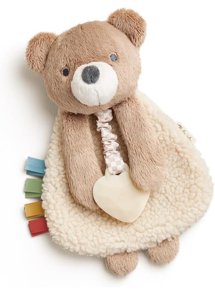 Itzy Ritzy - Itzy Lovey Including Teether - Baby Lovey with Teether, Textured Ribbons & Dangle Arms - Features Crinkle Sound, Sherpa Fabric and Minky Plush (Bear)