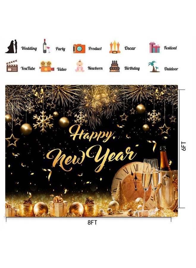 CHAIYA 8X6FT Black and Gold Happy New Year Backdrop 2023 Midnight Photography Background New Year Holiday Party Banner CY-253 - Image 5