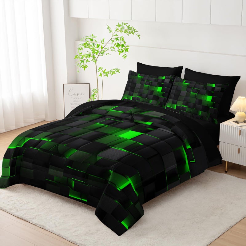 Nttopship Geometric Green Black Full Comforter Set,Light Honeycomb Bedding Set 7 Piece in A Bag,Bed Sheet Set Geometry Decor,Microfiber Lightweight All Season - Image 2