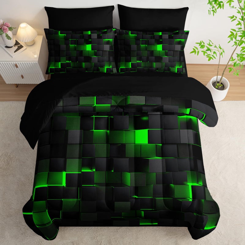 Nttopship Geometric Green Black Full Comforter Set,Light Honeycomb Bedding Set 7 Piece in A Bag,Bed Sheet Set Geometry Decor,Microfiber Lightweight All Season - Image 4