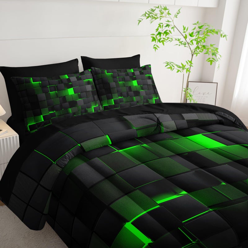 Nttopship Geometric Green Black Full Comforter Set,Light Honeycomb Bedding Set 7 Piece in A Bag,Bed Sheet Set Geometry Decor,Microfiber Lightweight All Season - Image 3