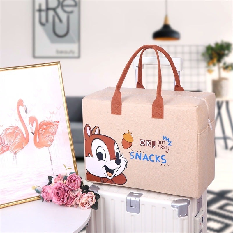 Felt Storage Cartoon Travel Bag Large Capacity Essential Storage Bag for Going Out Luggage Bag Trolley Case Can Be Used as a Suitcase Khaki brown bag pine nut squirrel
