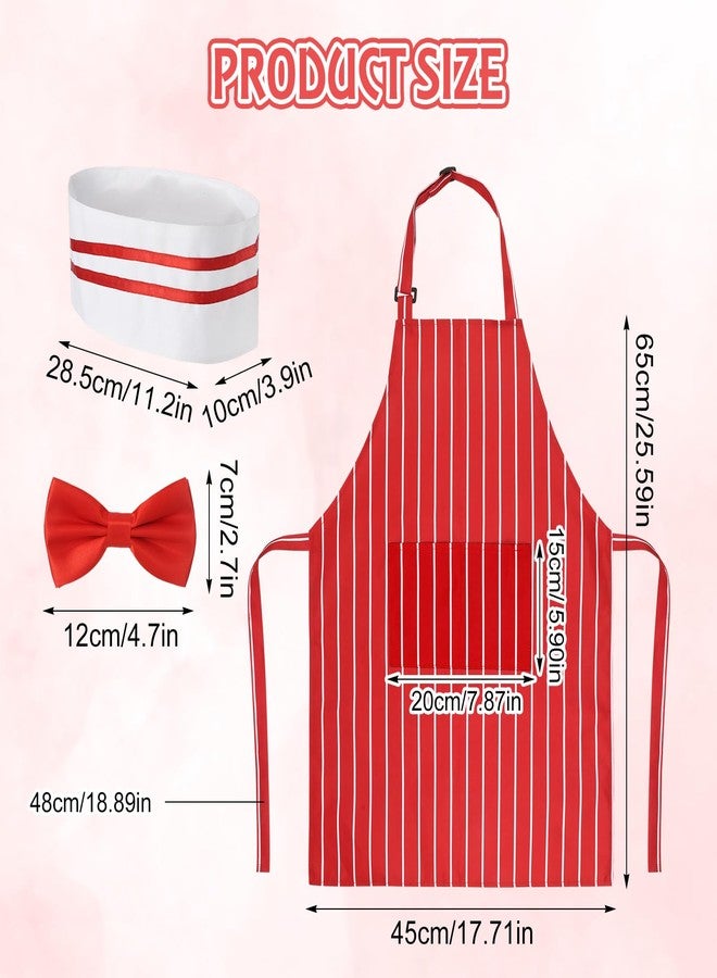 XLSXEXCL 1950s Waiter Costume Kit, Soda Jerk Costume Kit, Red and White Striped Apron with 2 Pockets, Chef Hat Red Bow Ties Adjustable for Kid Costume Cosplay Party (45x65cm) - Image 2