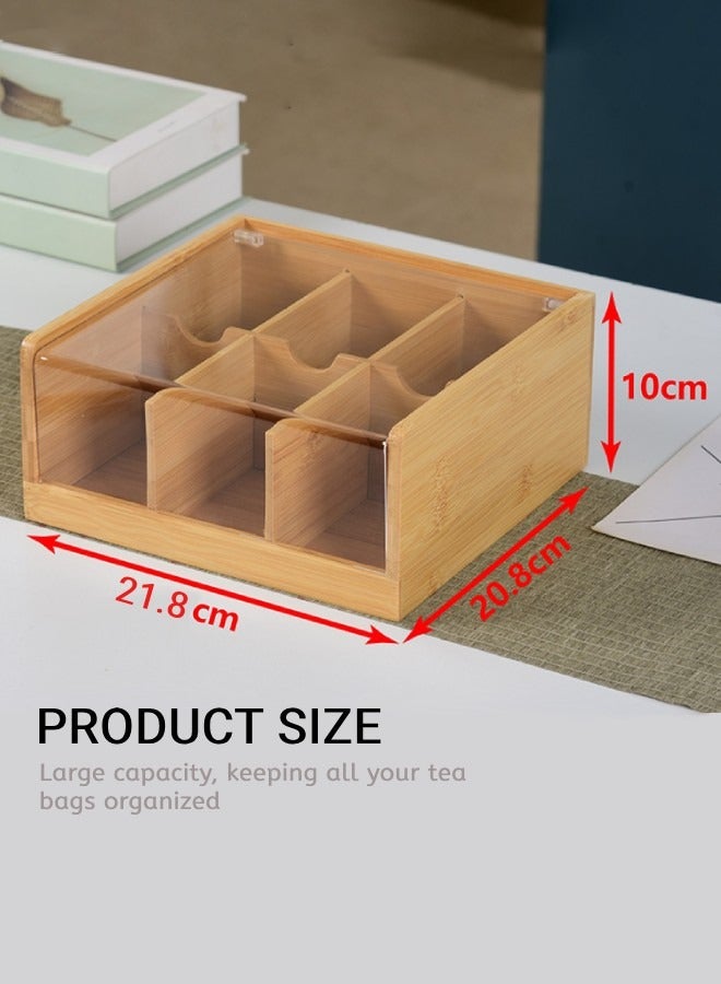 AceLuste Bamboo Tea Bag Organizer with Acrylic Lid, 21.8x20.8x10cm Large Capacity, Dustproof 6-Compartment Eco-Friendly Storage Box for Coffee Pods, Snacks, Home & Office  - Image 3