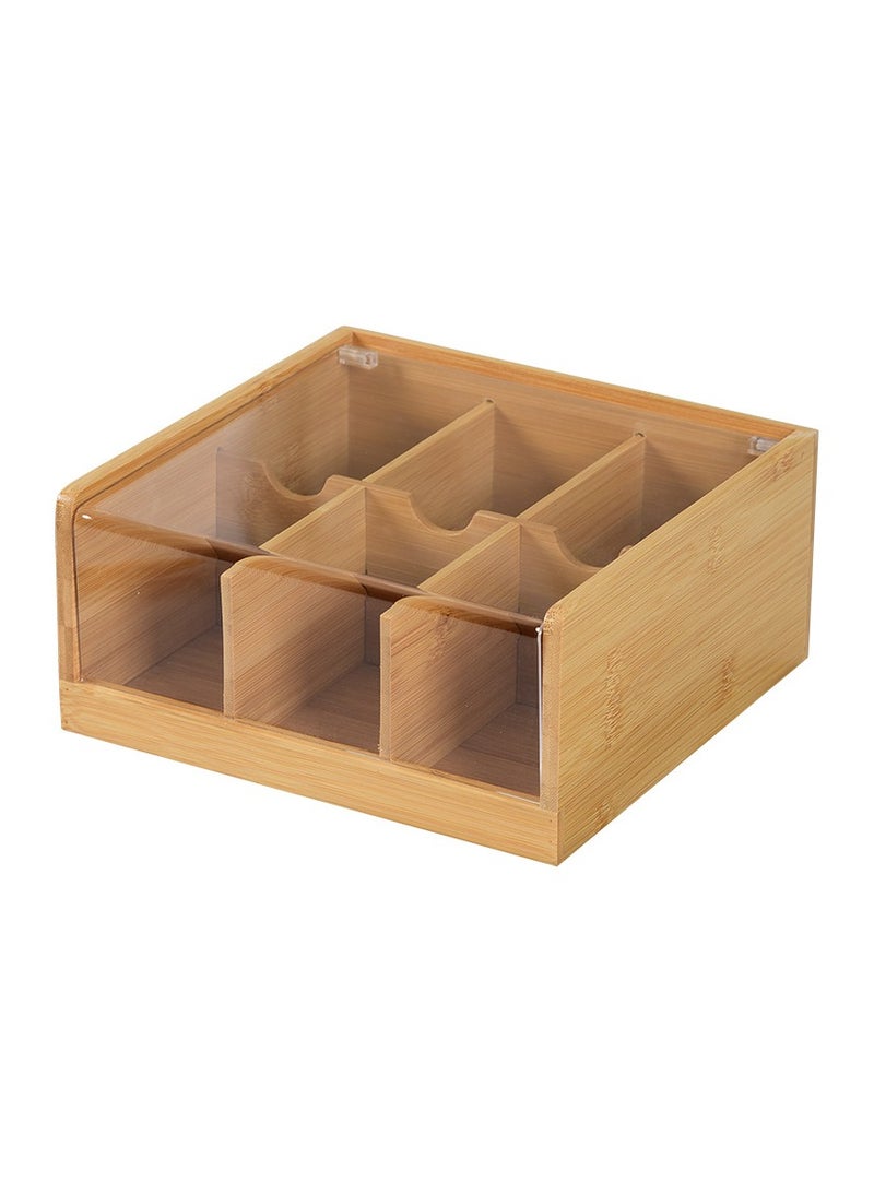 AceLuste Bamboo Tea Bag Organizer with Acrylic Lid, 21.8x20.8x10cm Large Capacity, Dustproof 6-Compartment Eco-Friendly Storage Box for Coffee Pods, Snacks, Home & Office  - Image 2