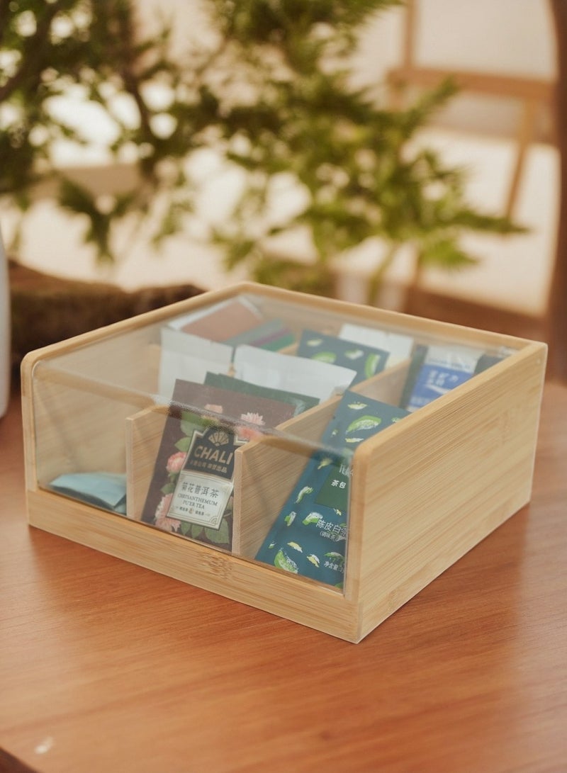 AceLuste Bamboo Tea Bag Organizer with Acrylic Lid, 21.8x20.8x10cm Large Capacity, Dustproof 6-Compartment Eco-Friendly Storage Box for Coffee Pods, Snacks, Home & Office  - Image 1