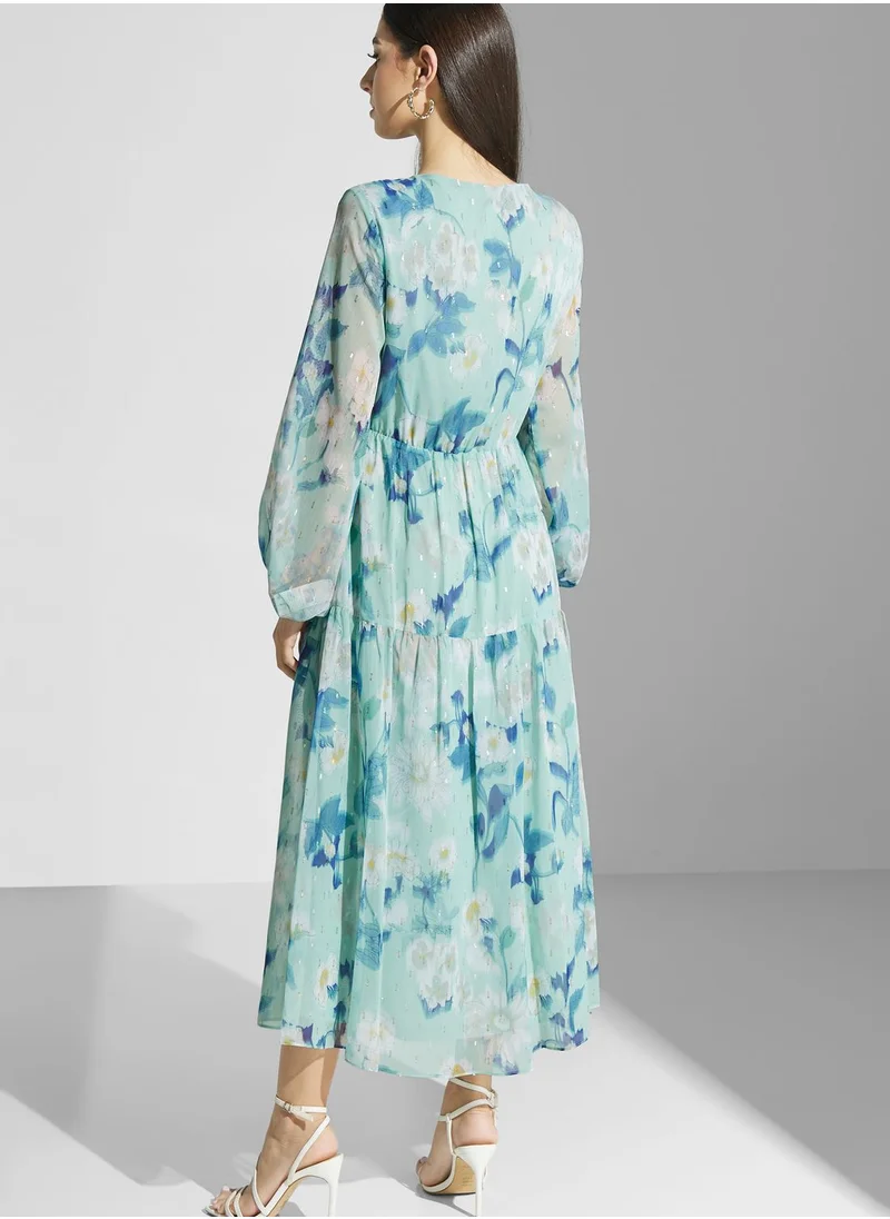Adrianna Papell Floral Puff Sleeve Tiered Dress