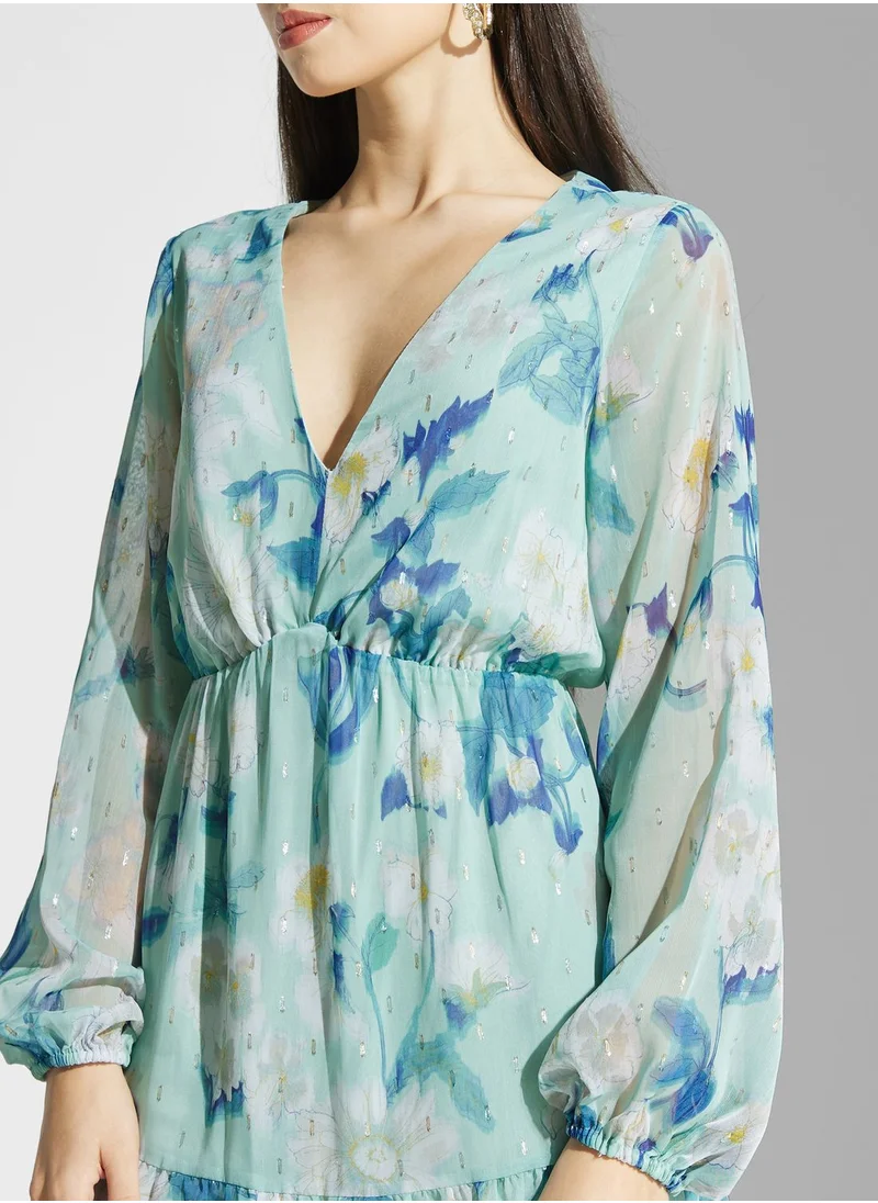 Adrianna Papell Floral Puff Sleeve Tiered Dress