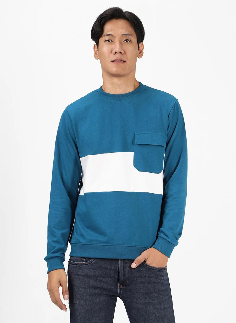 Urbano Fashion Men's Green Cotton Color Block Round Neck Sweatshirt