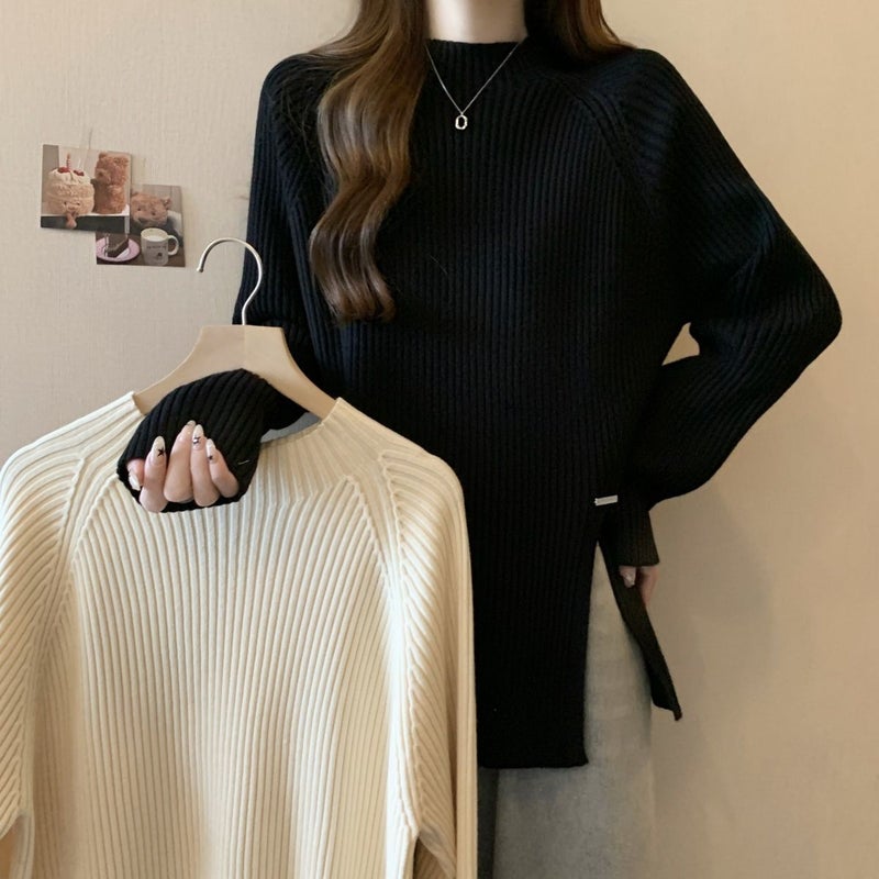 Plus Size Ribbed Half-High Collar Base Shirt For Women, Korean Style, Loose Slimming Warm Split Long-Sleeve Top - Image 5