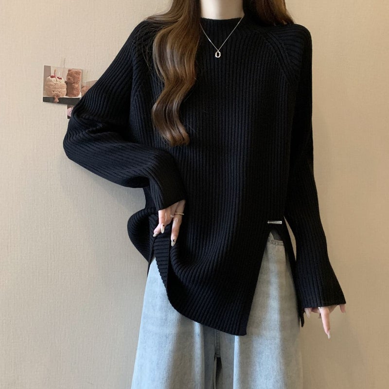 Plus Size Ribbed Half-High Collar Base Shirt For Women, Korean Style, Loose Slimming Warm Split Long-Sleeve Top - Image 2