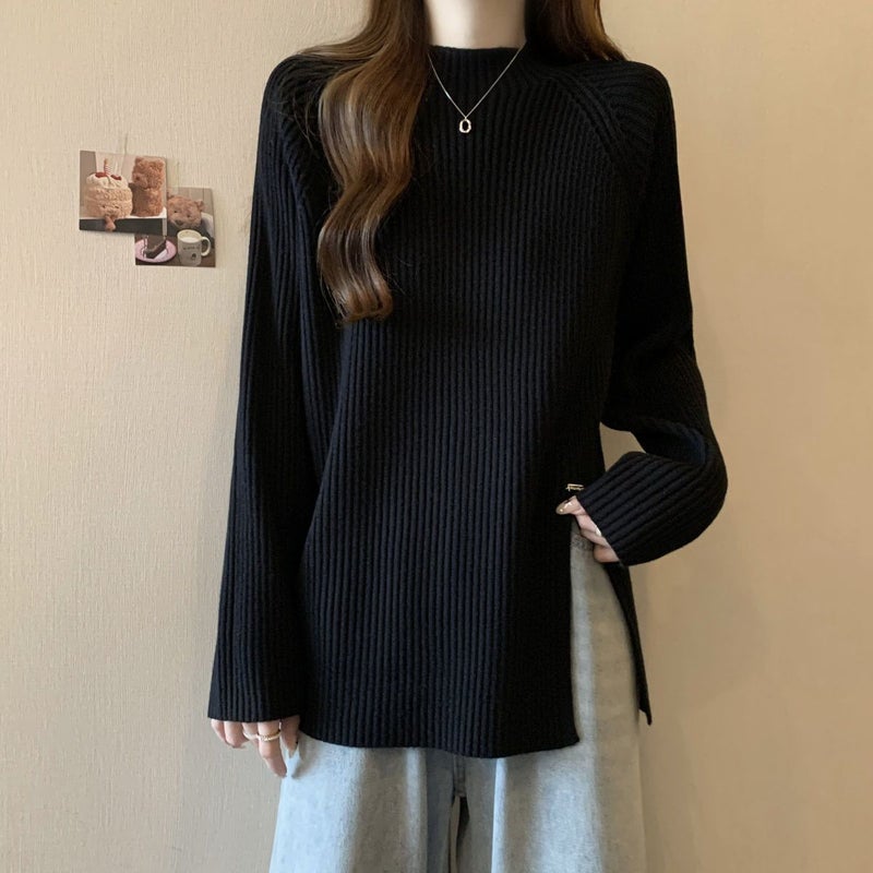 Plus Size Ribbed Half-High Collar Base Shirt For Women, Korean Style, Loose Slimming Warm Split Long-Sleeve Top - Image 3
