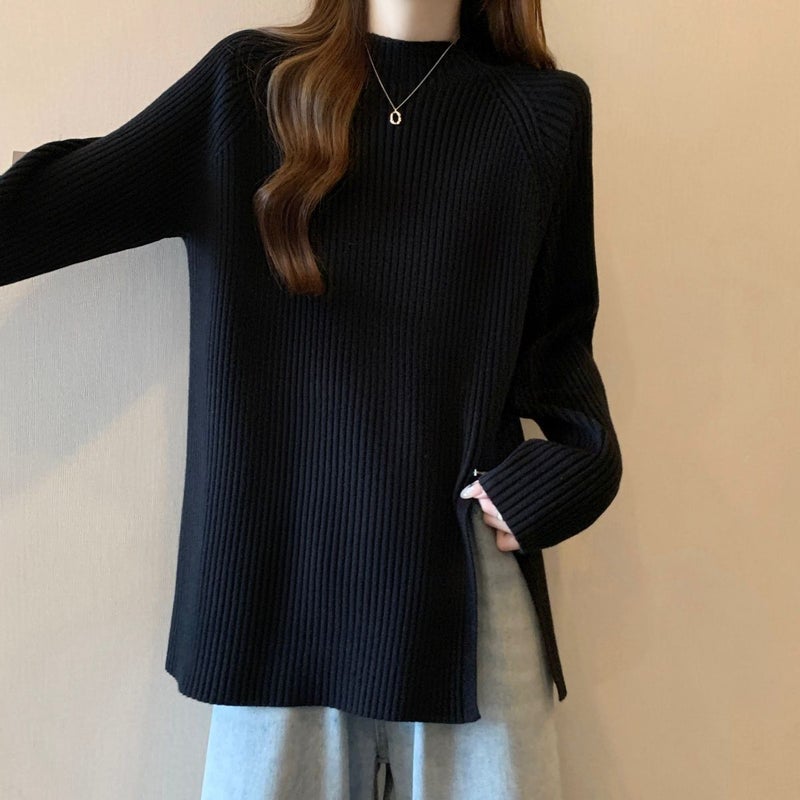 Plus Size Ribbed Half-High Collar Base Shirt For Women, Korean Style, Loose Slimming Warm Split Long-Sleeve Top - Image 4