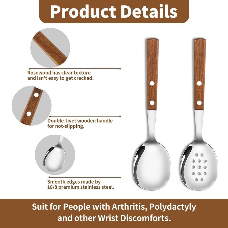 Azonee Serving Spoons Set, 4Pcs Stainless Steel Wooden Serving Utensils, 2 Serving Spoons, and 2 Slotted Spoons, 304 Stainless Steel Buffet Serving Utensils, Coffee Spoons Wood Handle Tea Spoons - Image 5