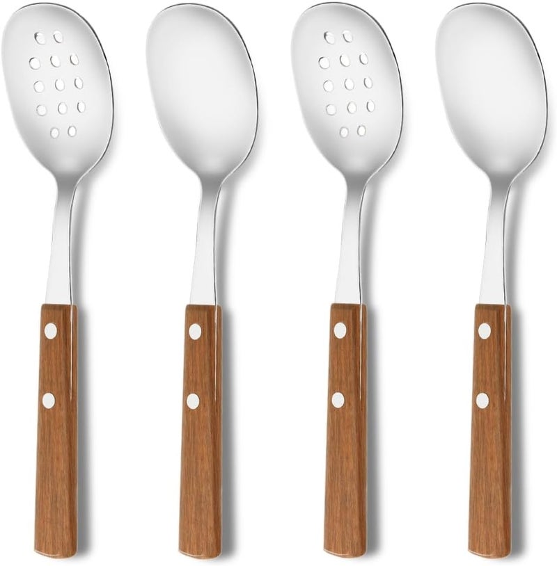 Azonee Serving Spoons Set, 4Pcs Stainless Steel Wooden Serving Utensils, 2 Serving Spoons, and 2 Slotted Spoons, 304 Stainless Steel Buffet Serving Utensils, Coffee Spoons Wood Handle Tea Spoons - Image 1