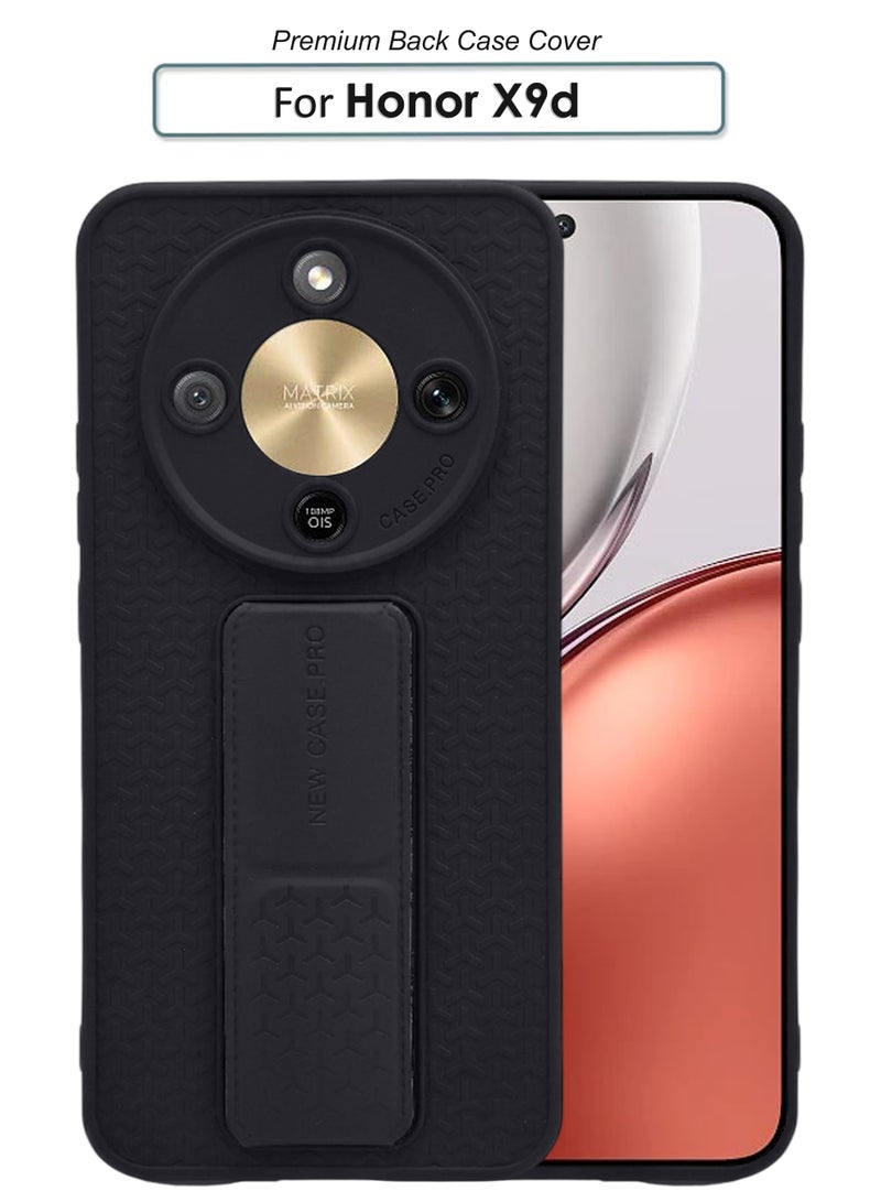 Honor X9d - Black Semi Soft Self Designed Magnetic Back Stand Case  With Foldable Kickstand & Finger Strap - Image 1
