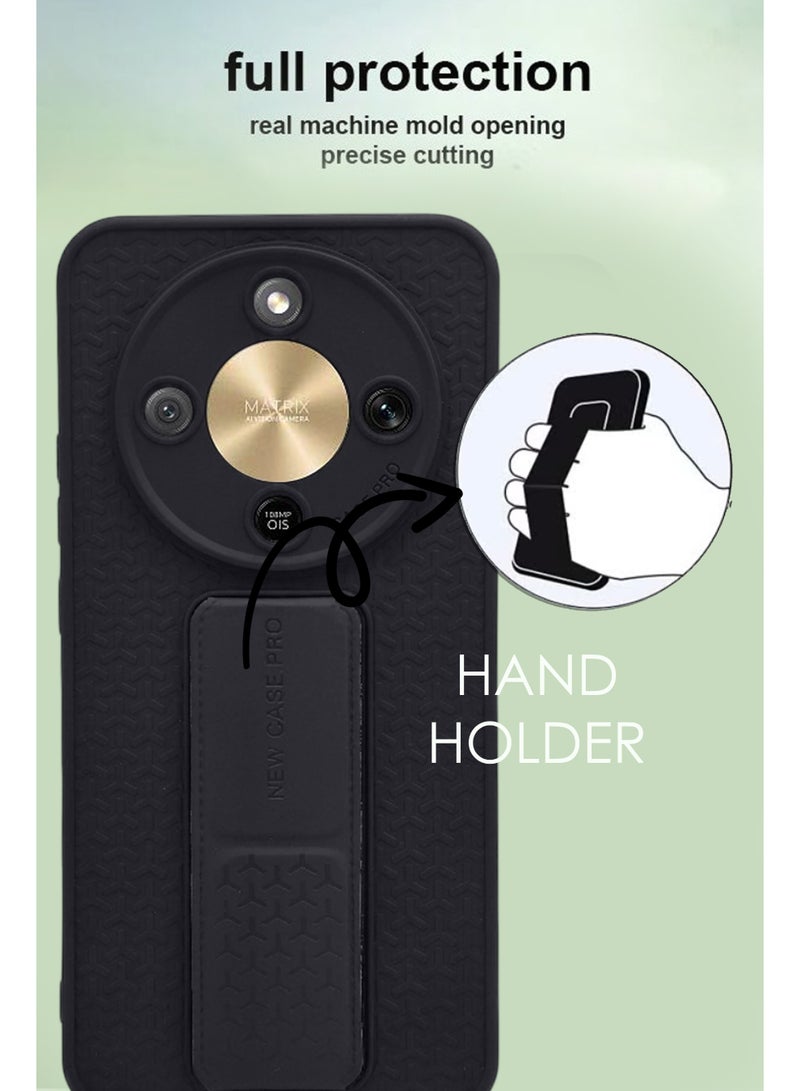 Honor X9d - Black Semi Soft Self Designed Magnetic Back Stand Case  With Foldable Kickstand & Finger Strap - Image 4