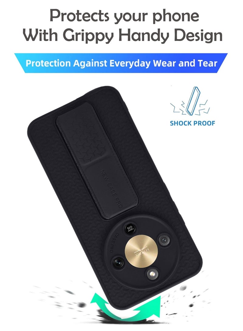 Honor X9d - Black Semi Soft Self Designed Magnetic Back Stand Case  With Foldable Kickstand & Finger Strap - Image 3
