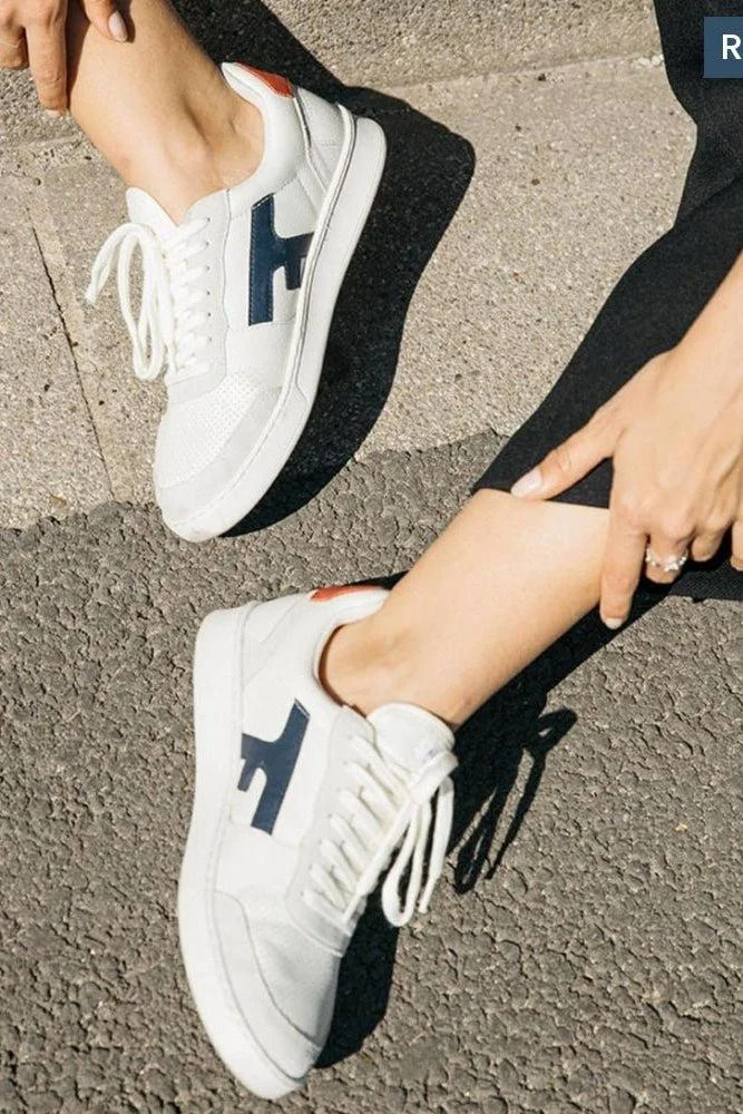 Faguo Hazel Cream & Navy Sneakers in Leather and Recycled Polyester