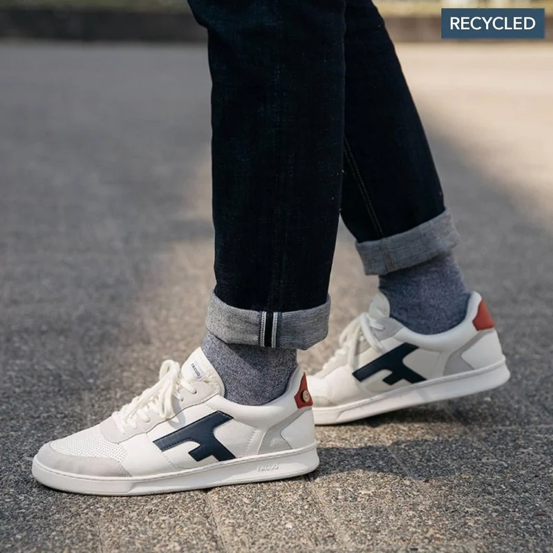 Faguo Hazel Cream & Navy Sneakers in Leather and Recycled Polyester