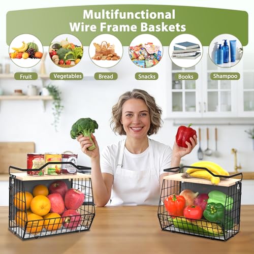 Wawocs Magnetic Shelf for Fridge with Wood Lid, 2 Tier Fruit Baskets Wall Mounted Hanging Basket with 4 Hanger Hooks, Potato and Onion Magnetic Storage Bins for Kitchen Counter, Refrigerator, Cabinet - Image 5
