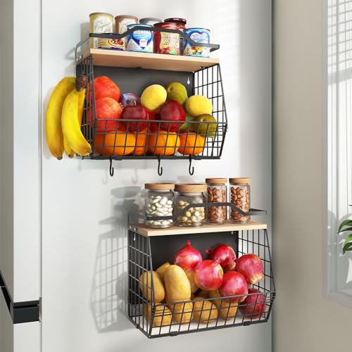 Wawocs Magnetic Shelf for Fridge with Wood Lid, 2 Tier Fruit Baskets Wall Mounted Hanging Basket with 4 Hanger Hooks, Potato and Onion Magnetic Storage Bins for Kitchen Counter, Refrigerator, Cabinet - Image 1