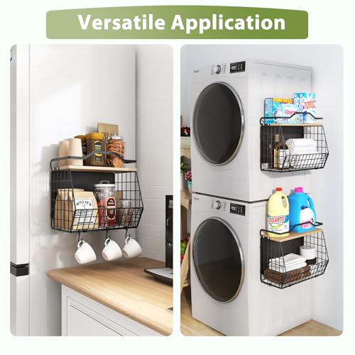 Wawocs Magnetic Shelf for Fridge with Wood Lid, 2 Tier Fruit Baskets Wall Mounted Hanging Basket with 4 Hanger Hooks, Potato and Onion Magnetic Storage Bins for Kitchen Counter, Refrigerator, Cabinet - Image 4