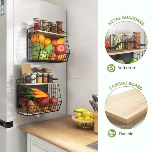 Wawocs Magnetic Shelf for Fridge with Wood Lid, 2 Tier Fruit Baskets Wall Mounted Hanging Basket with 4 Hanger Hooks, Potato and Onion Magnetic Storage Bins for Kitchen Counter, Refrigerator, Cabinet - Image 3