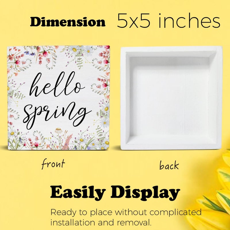 Oqtumes Spring Decor Farmhouse Desk Decorations Wooden Sign, Hello Spring Wood Plaque Block Sign Rustic Home Decor 5 x 5 Inches - Image 2