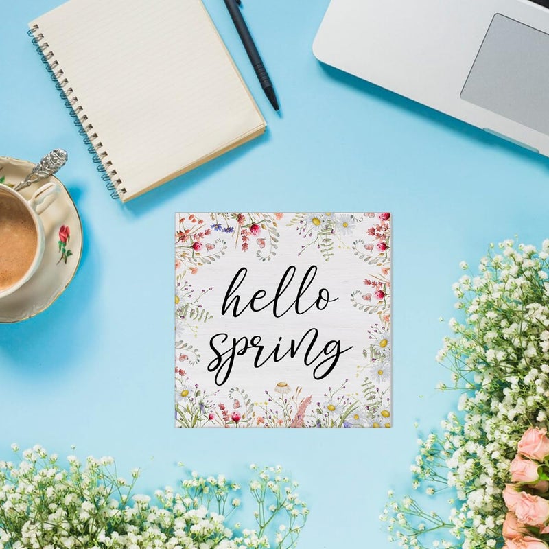 Oqtumes Spring Decor Farmhouse Desk Decorations Wooden Sign, Hello Spring Wood Plaque Block Sign Rustic Home Decor 5 x 5 Inches - Image 5