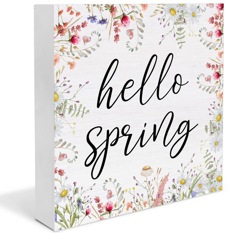 Oqtumes Spring Decor Farmhouse Desk Decorations Wooden Sign, Hello Spring Wood Plaque Block Sign Rustic Home Decor 5 x 5 Inches - Image 1