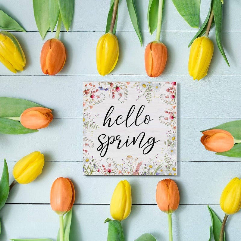 Oqtumes Spring Decor Farmhouse Desk Decorations Wooden Sign, Hello Spring Wood Plaque Block Sign Rustic Home Decor 5 x 5 Inches - Image 4