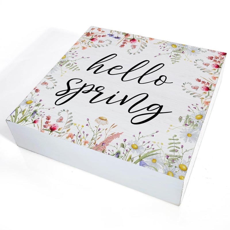 Oqtumes Spring Decor Farmhouse Desk Decorations Wooden Sign, Hello Spring Wood Plaque Block Sign Rustic Home Decor 5 x 5 Inches - Image 3