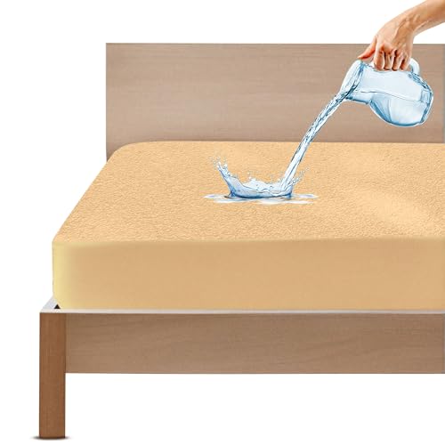 GADDA CO Ultra Soft Terry Cotton Waterproof Mattress Protector for Double Bed | 75 x 48 Inch (6.25 x 4 ft) | Breathable & Hypoallergenic Fitted Style Cover | Beige | Pack of 1 - Image 1