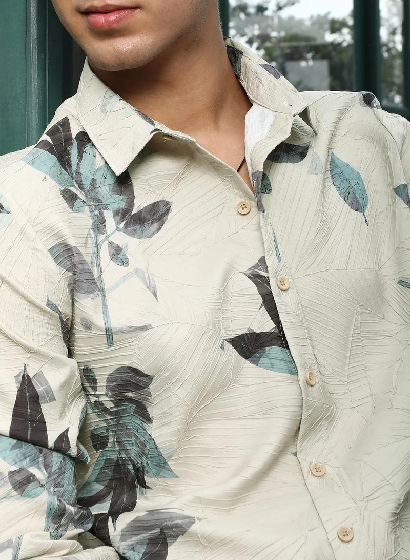 CAHOOT  Men's Forest Green & Saltbox Beige Imprinted Foliage Textured Shirt for Men | Best Price UAE